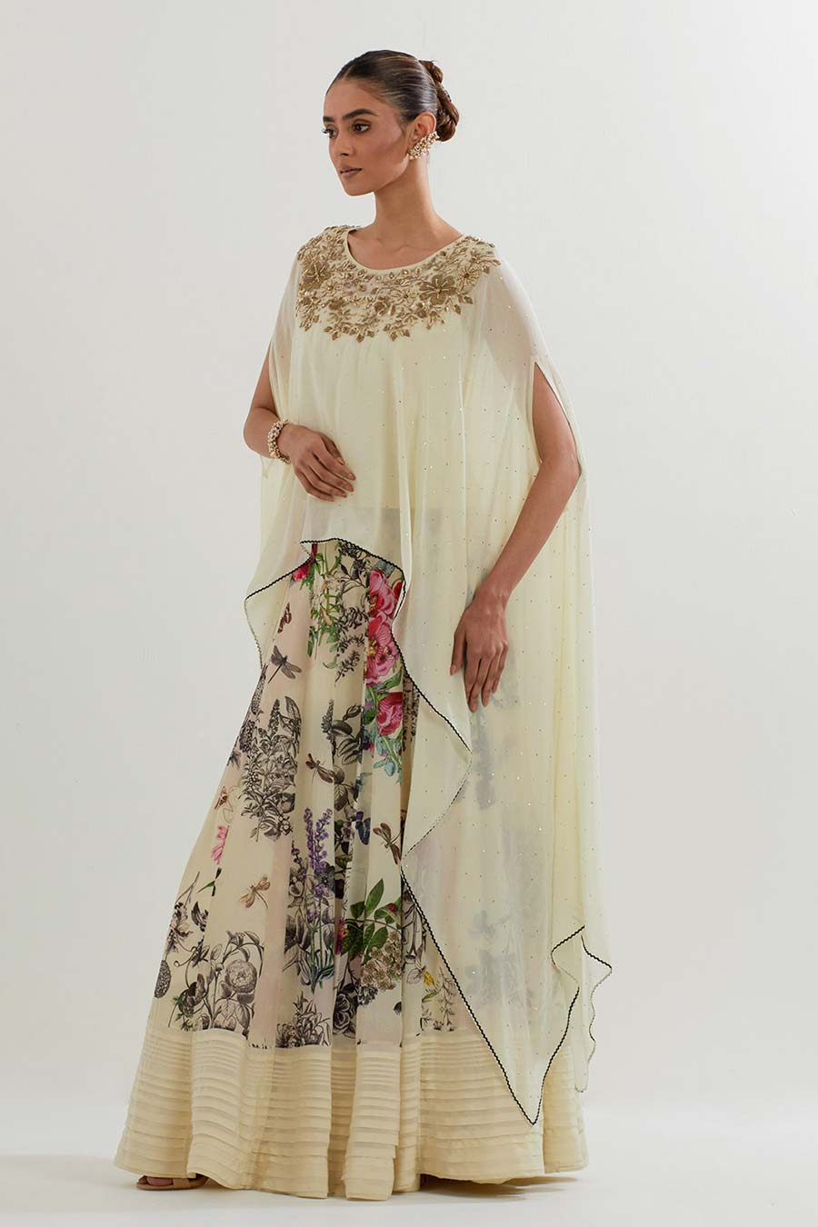 Embroidered Georgette Cape & Printed Skirt Set