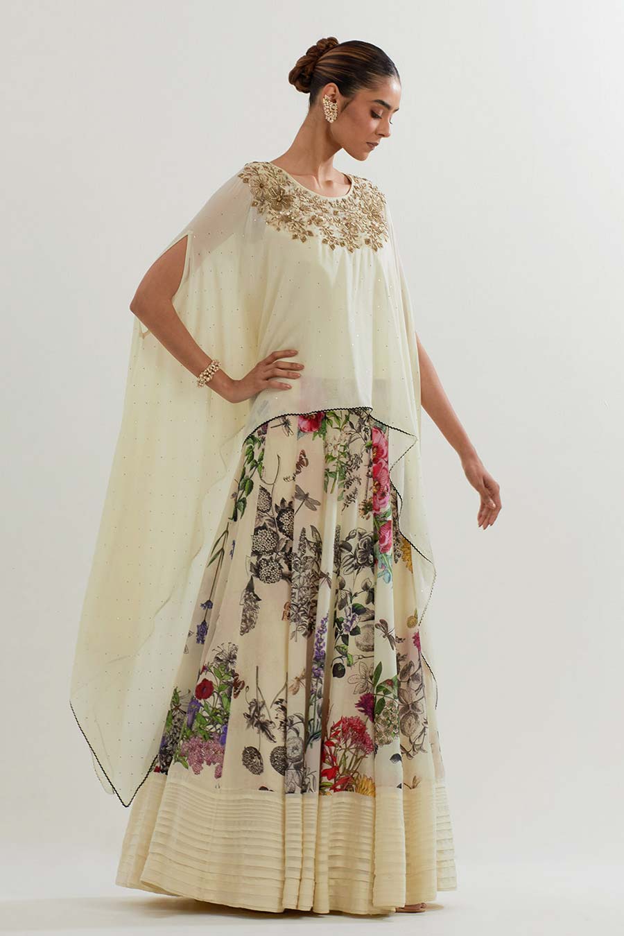 Embroidered Georgette Cape & Printed Skirt Set