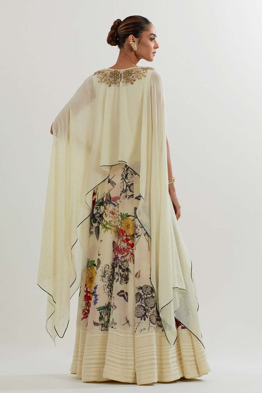Embroidered Georgette Cape & Printed Skirt Set