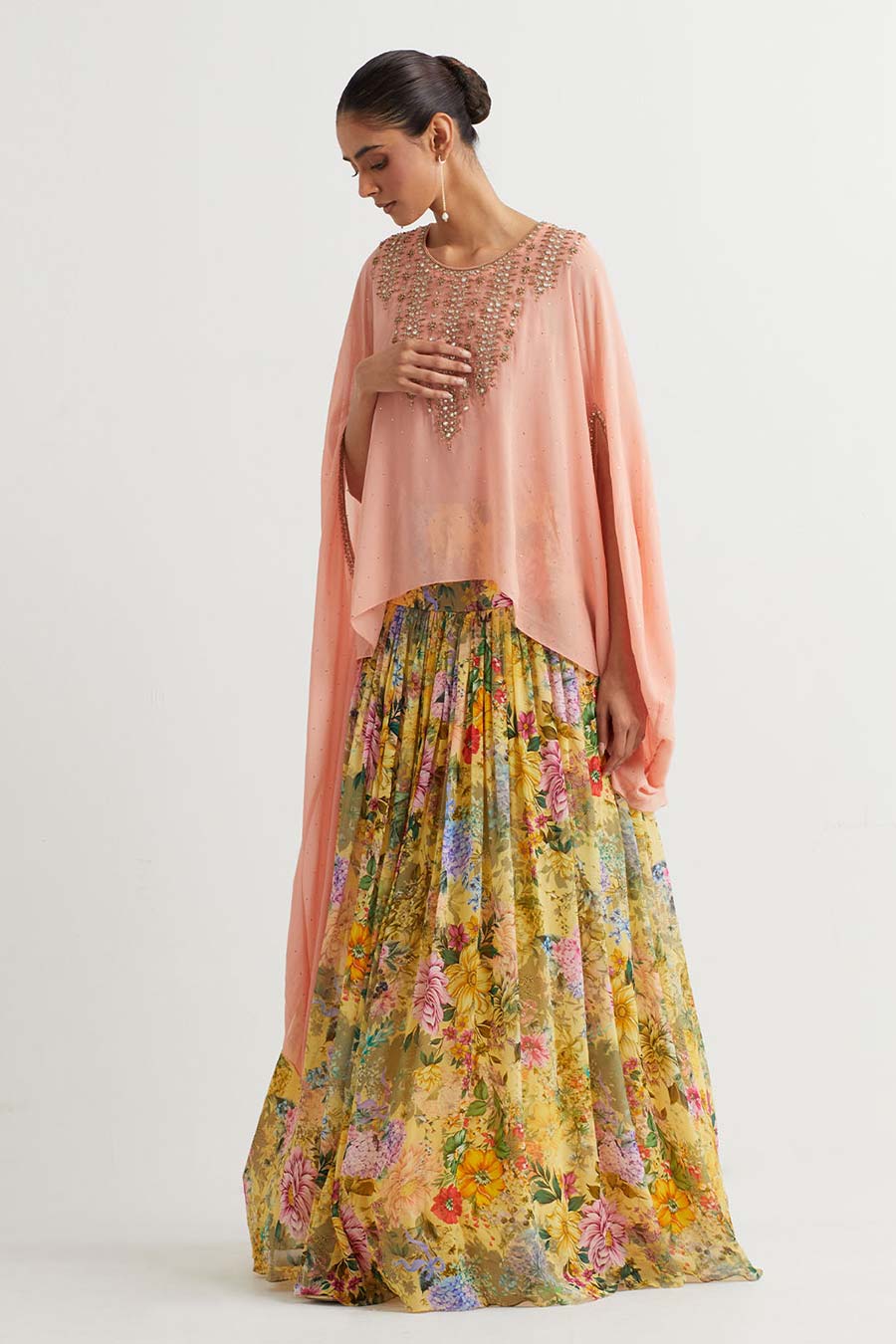 Peach Embroidered Cape & Printed Skirt Set