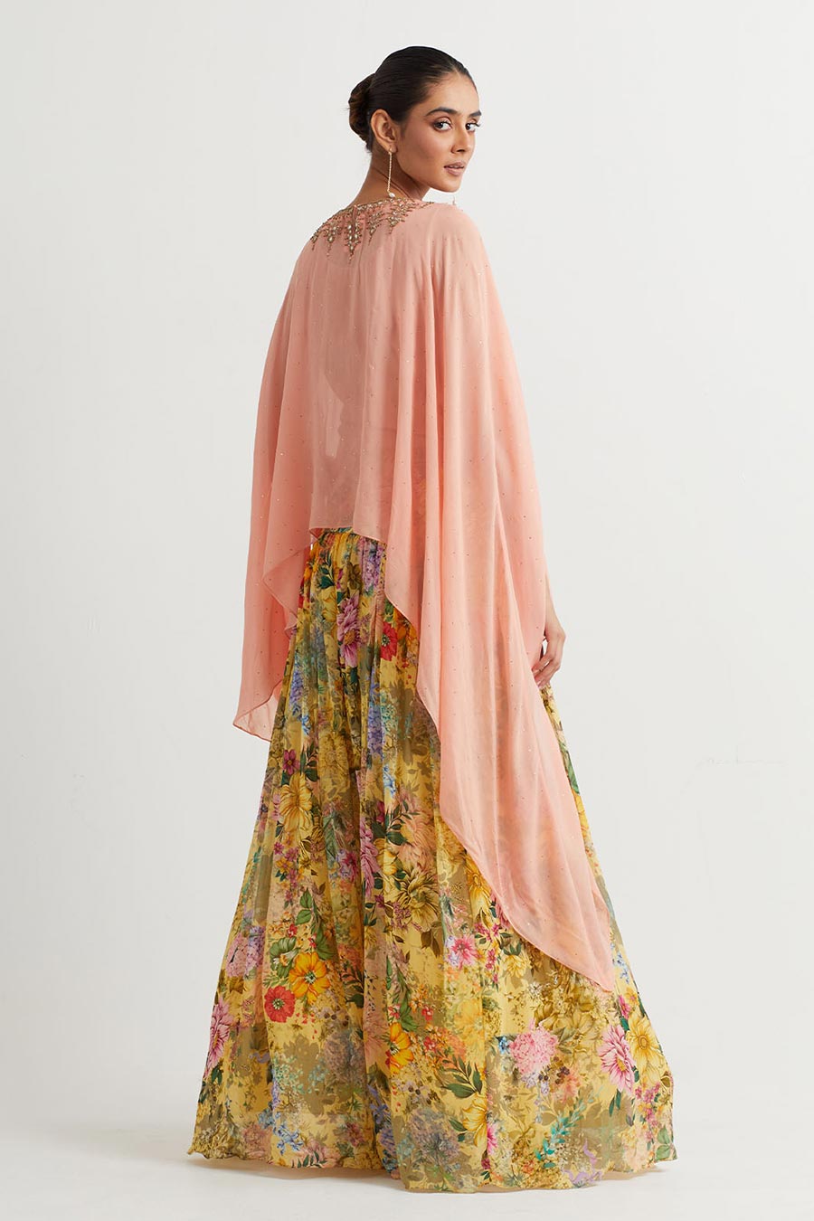Peach Embroidered Cape & Printed Skirt Set