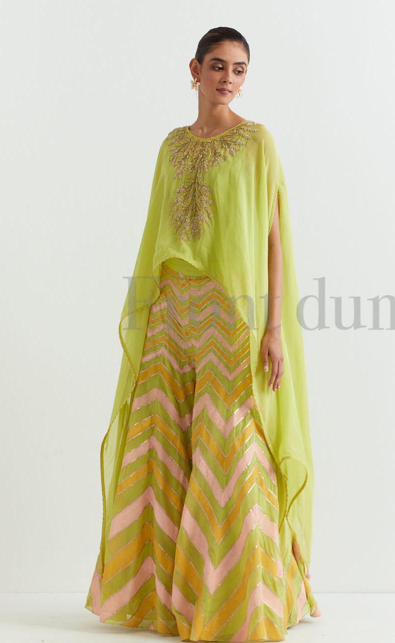 Lime Chevron Embroidered Cape & Sharara Set
