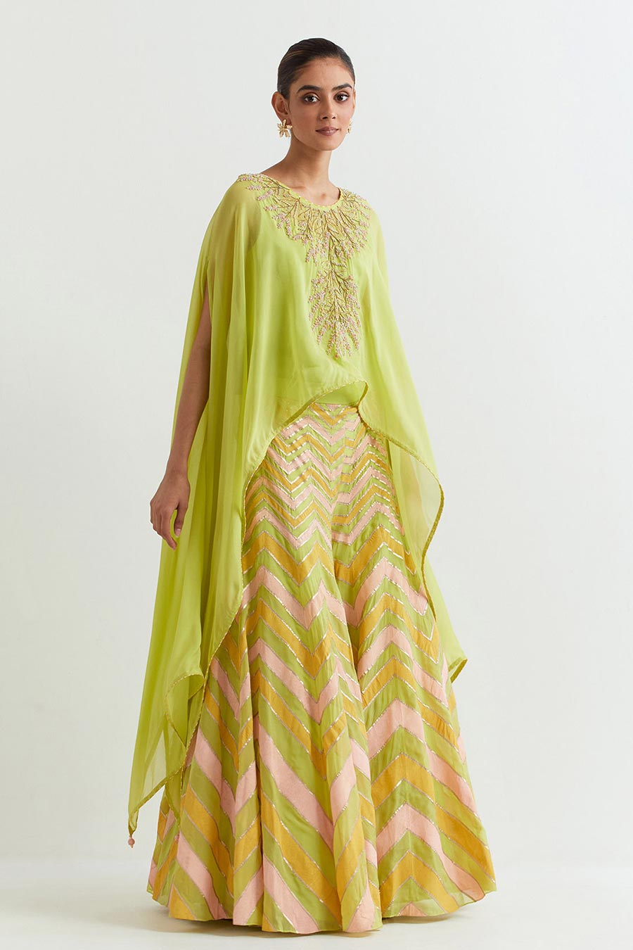 Lime Chevron Embroidered Cape & Sharara Set