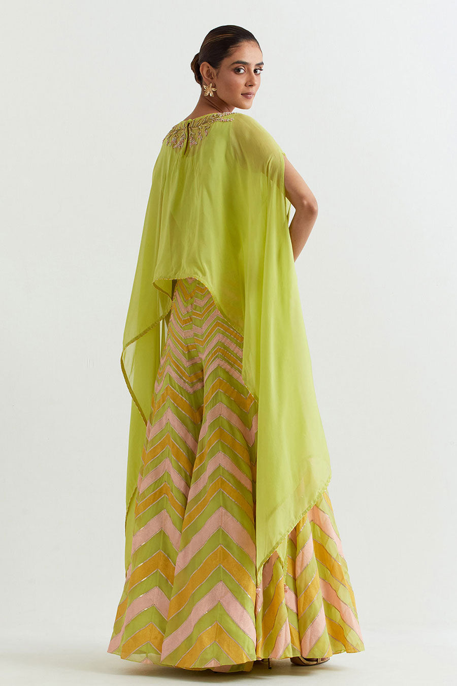 Lime Chevron Embroidered Cape & Sharara Set
