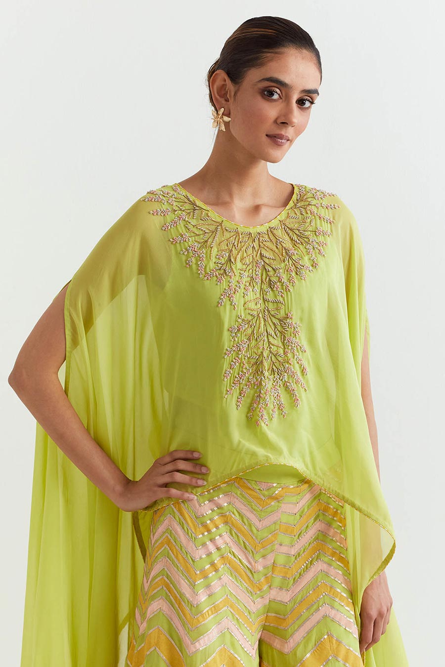 Lime Chevron Embroidered Cape & Sharara Set