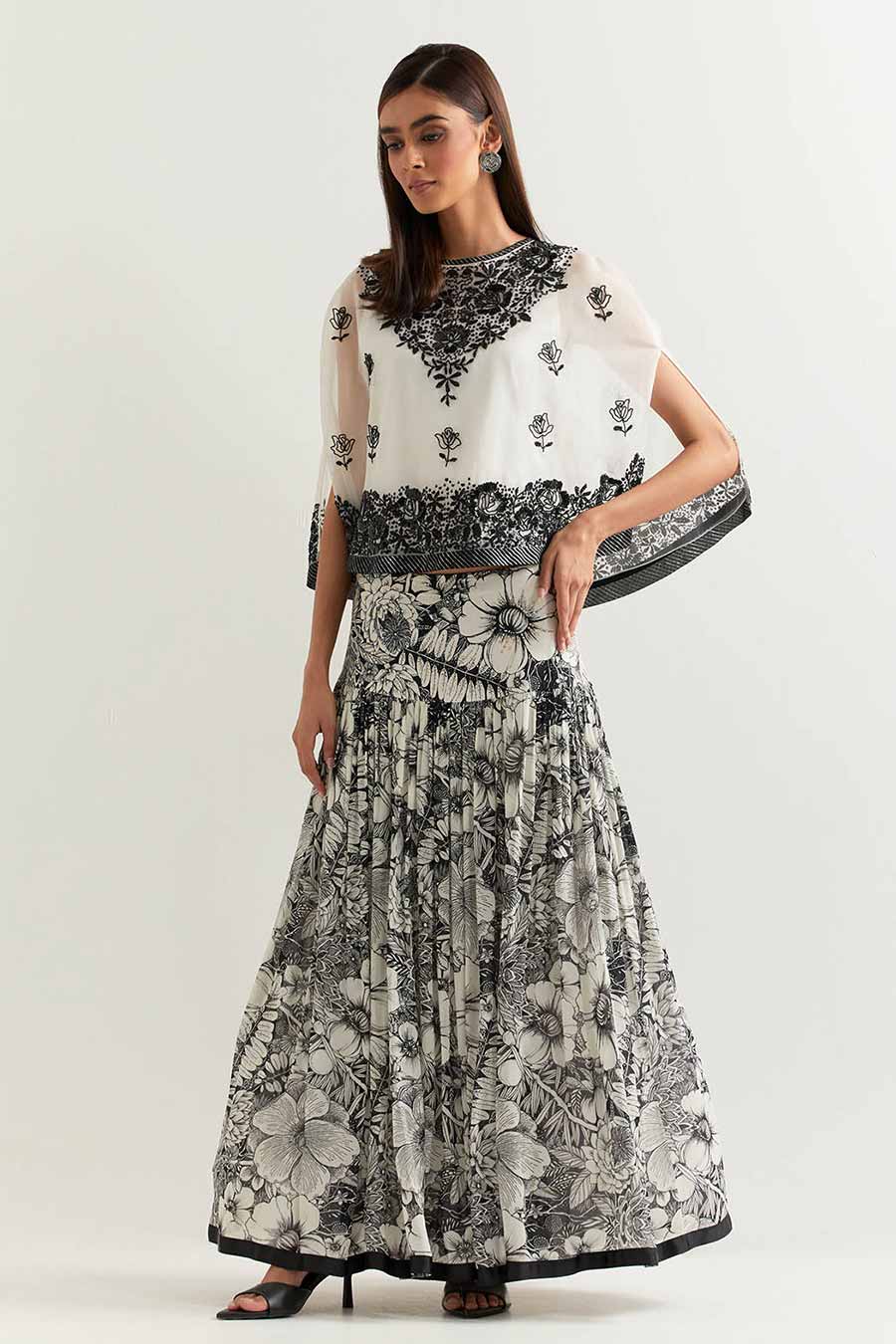 Black & White Embroidered Organza Cape With Printed Skirt