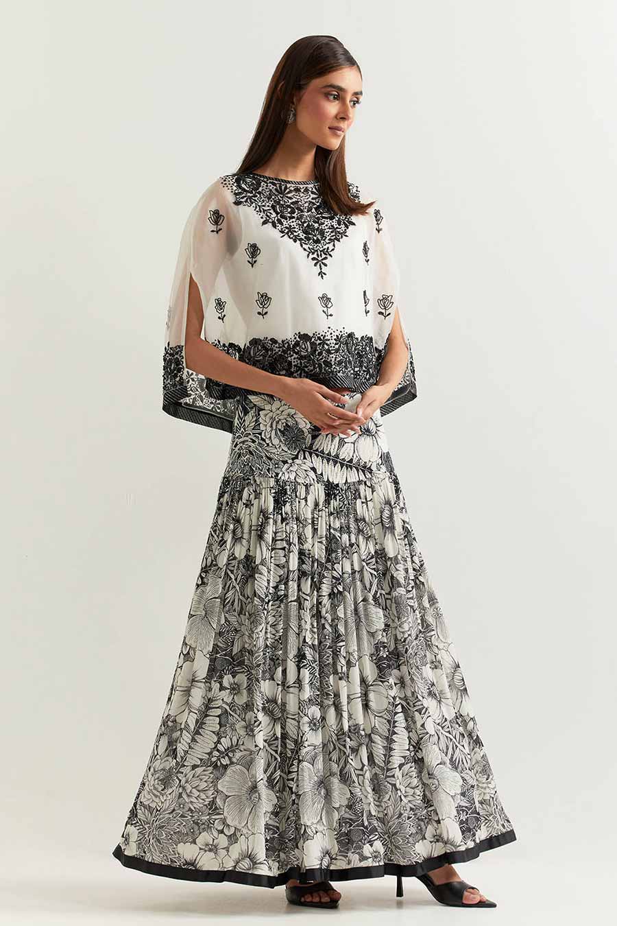 Black & White Embroidered Organza Cape With Printed Skirt