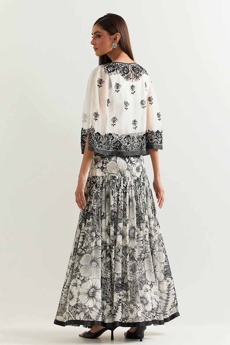 Black & White Embroidered Organza Cape With Printed Skirt