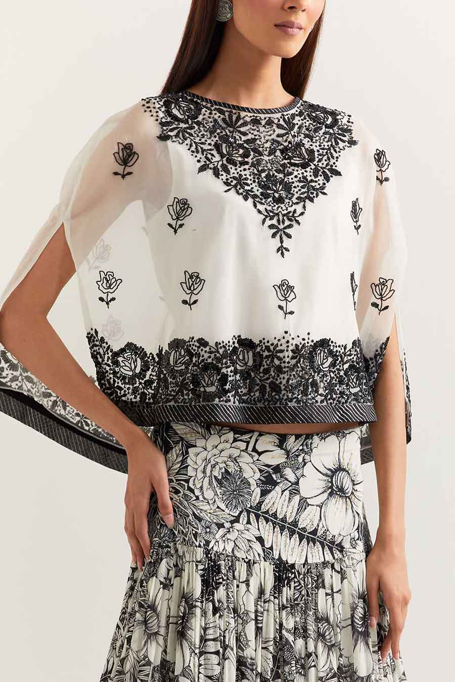 Black & White Embroidered Organza Cape With Printed Skirt
