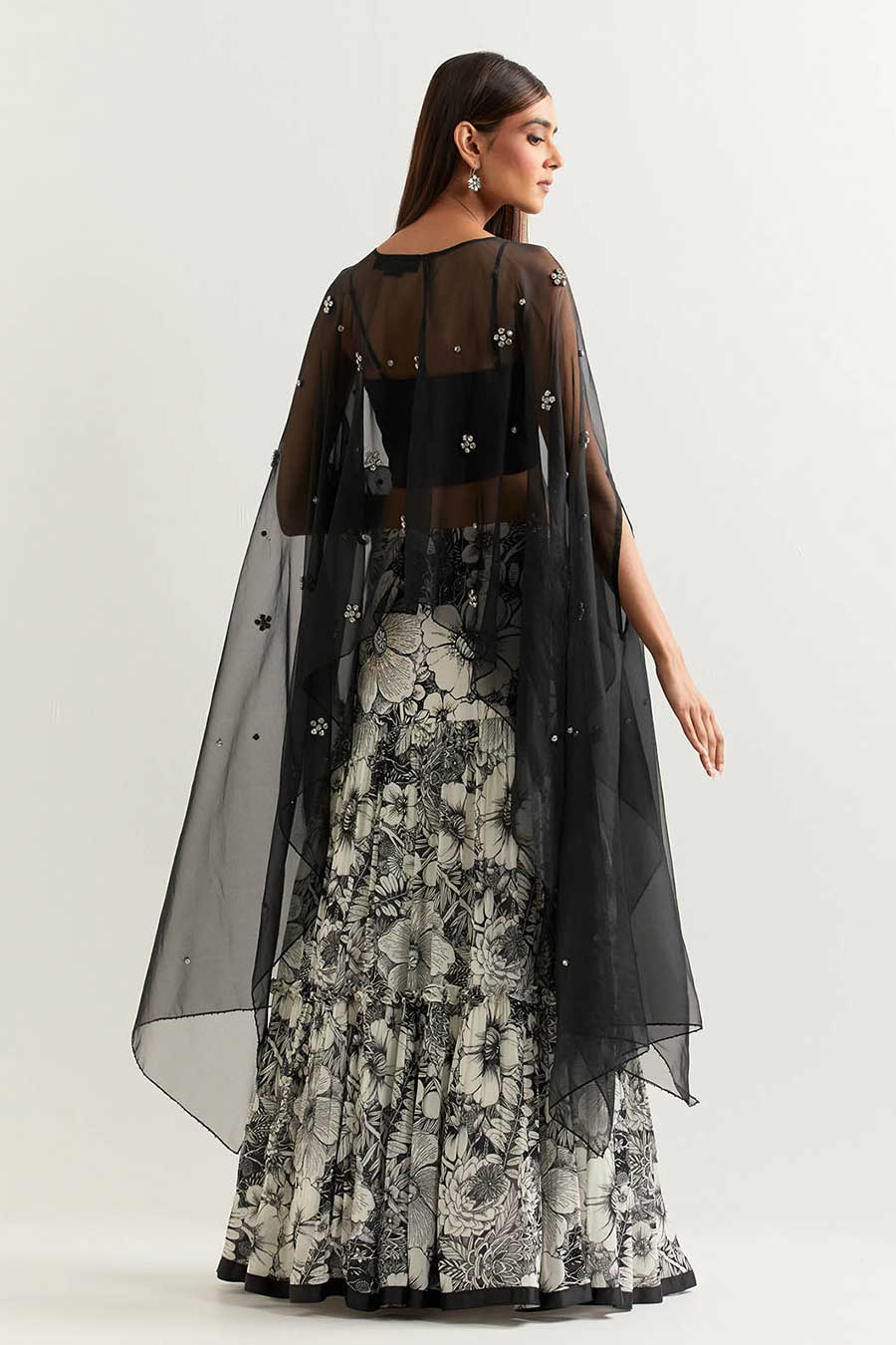 Black Embellished Organza Cape With Printed Skirt