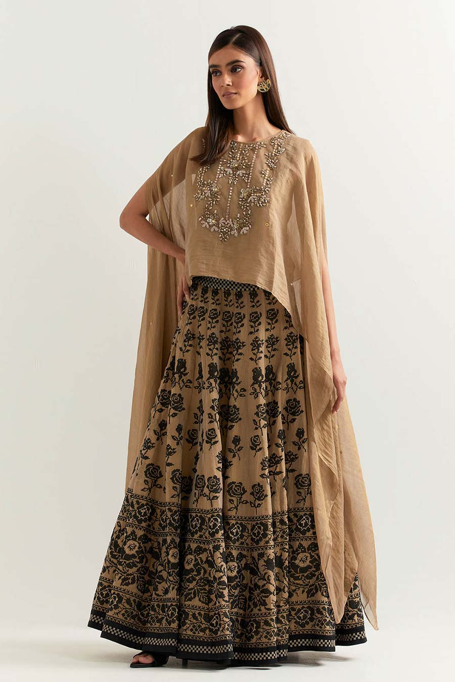 Taupe Tissue Chanderi Embroidered Cape & Skirt Set