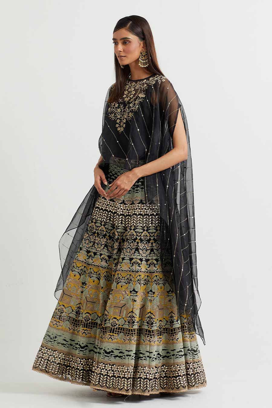 Black Embroidered Cape & Cross Stitch Skirt Set