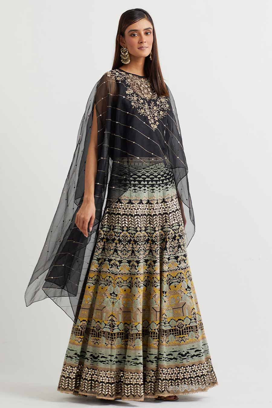 Black Embroidered Cape & Cross Stitch Skirt Set