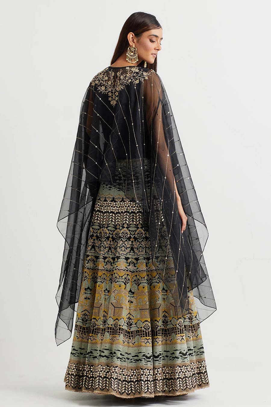 Black Embroidered Cape & Cross Stitch Skirt Set