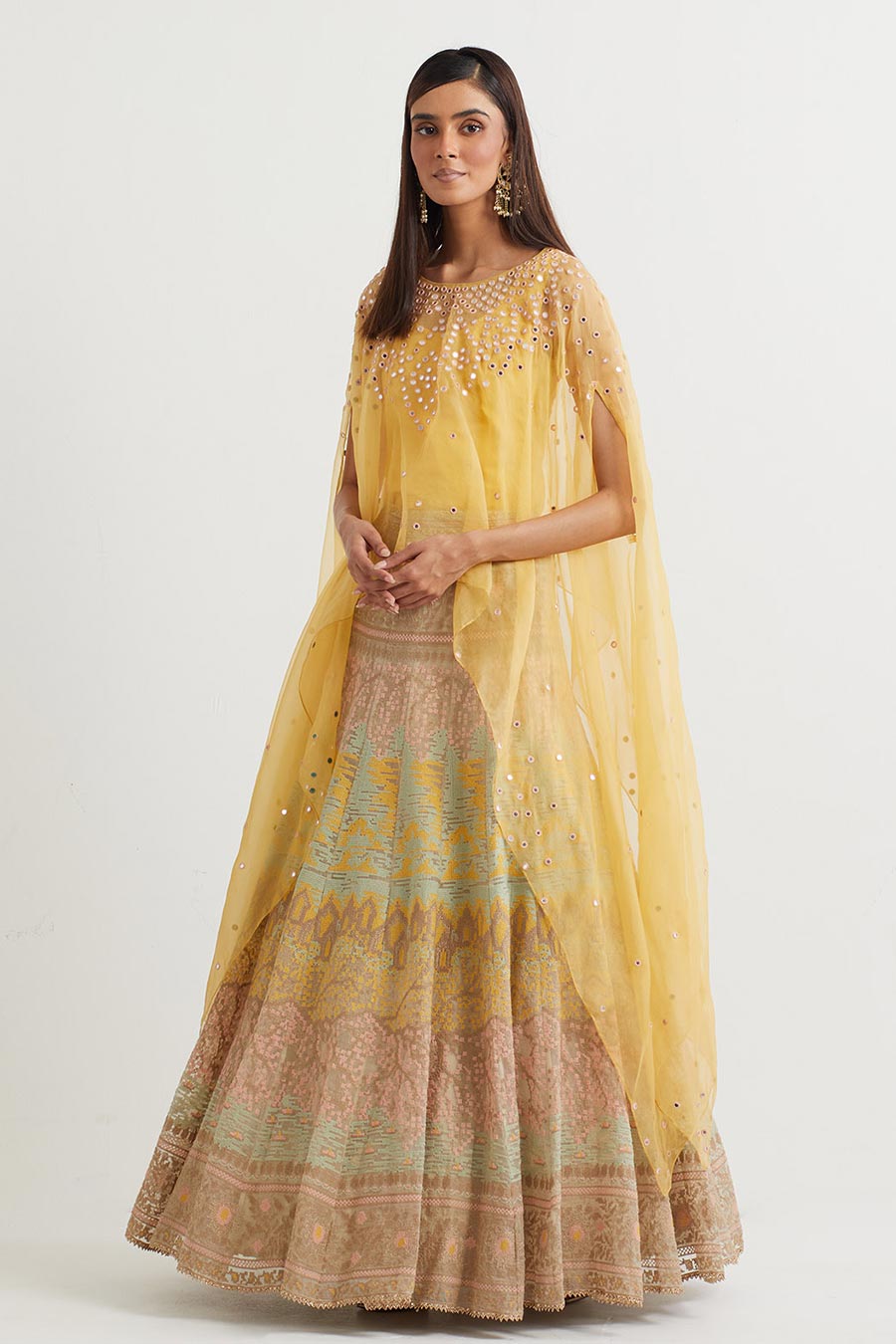 Yellow Embroidered Cape & Cross Stitch Skirt Set