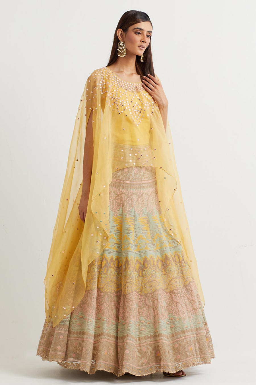 Yellow Embroidered Cape & Cross Stitch Skirt Set