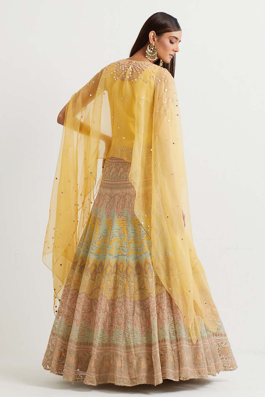 Yellow Embroidered Cape & Cross Stitch Skirt Set