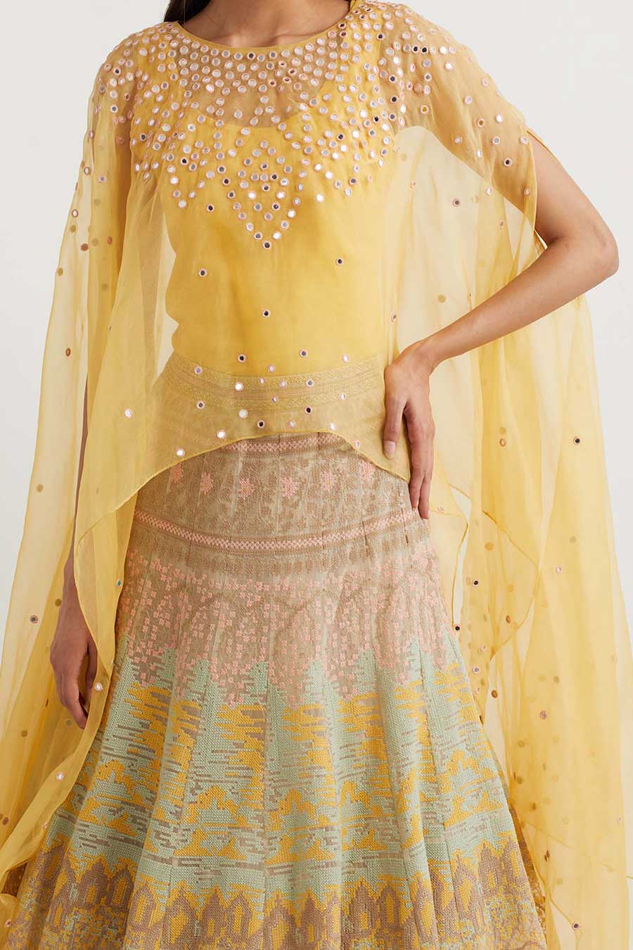 Yellow Embroidered Cape & Cross Stitch Skirt Set