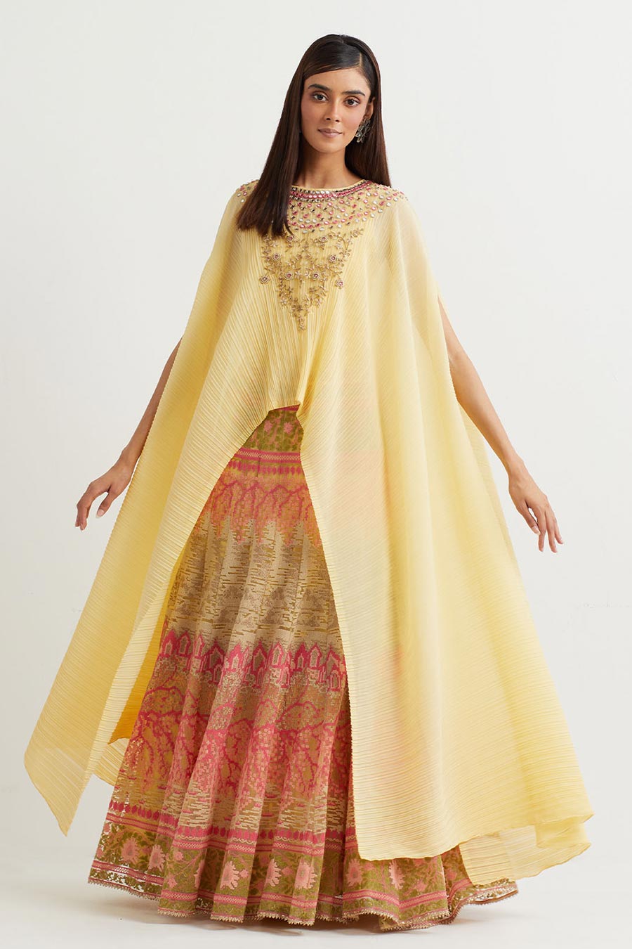 Yellow Embroidered Cape & Cross Stitch Skirt Set