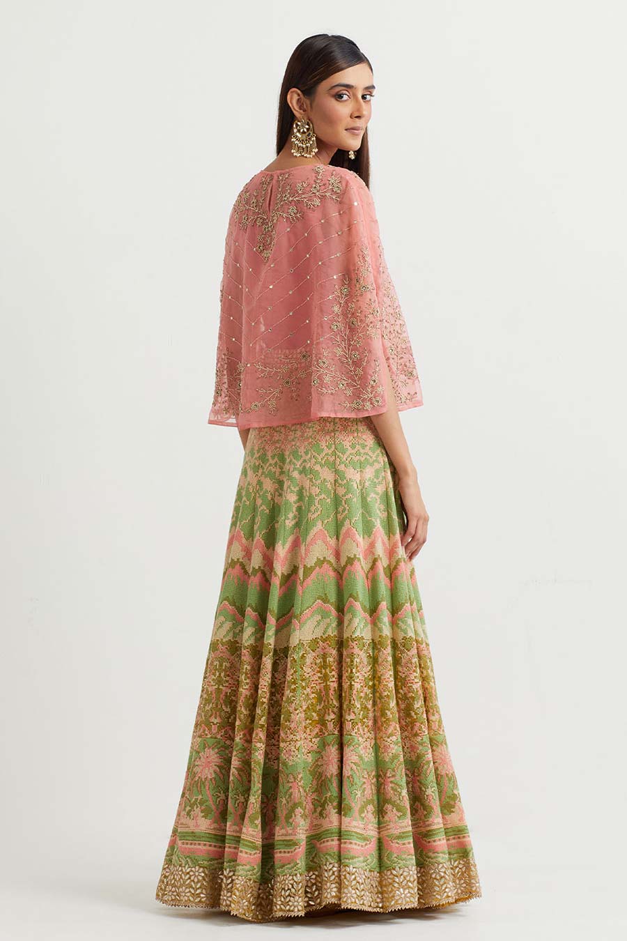 Pink Embroidered Cape & Cross Stitch Skirt Set