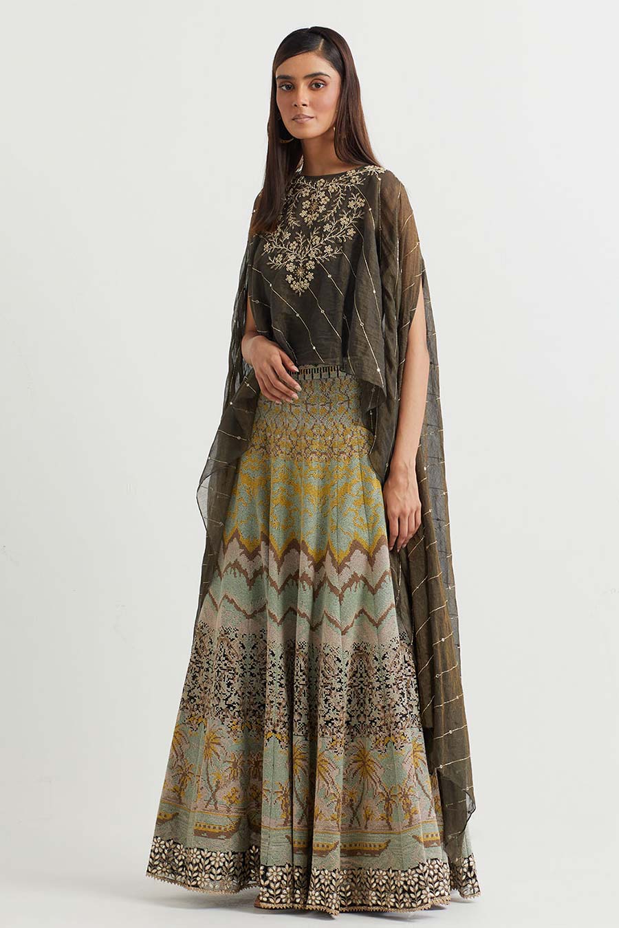 Black Embroidered Cape & Cross Stitch Skirt Set