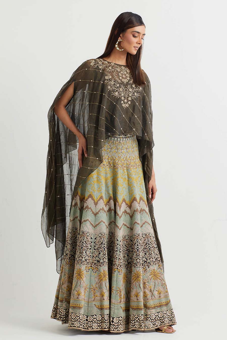 Black Embroidered Cape & Cross Stitch Skirt Set