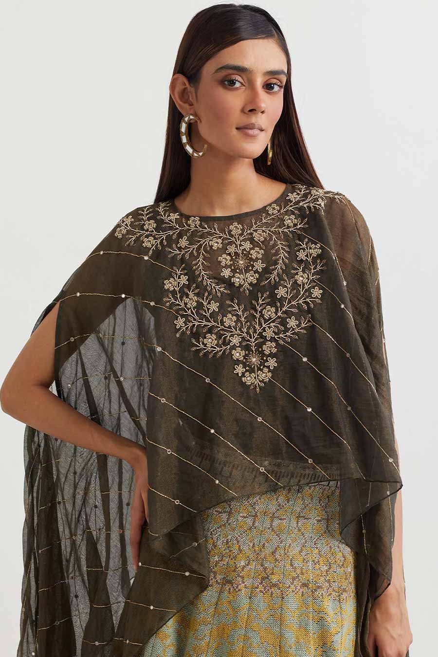 Black Embroidered Cape & Cross Stitch Skirt Set