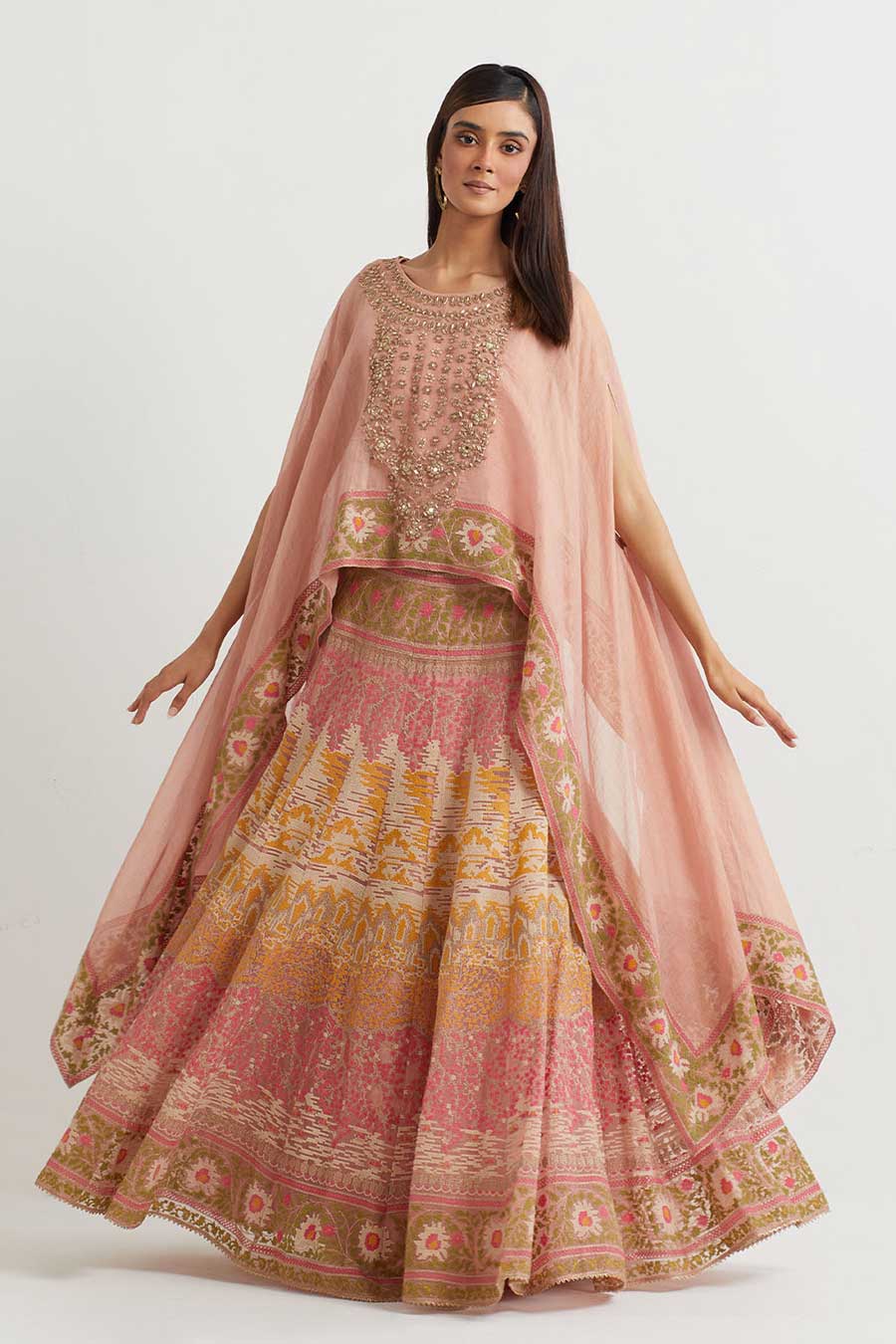 Peach Embroidered Cape & Cross Stitch Skirt Set