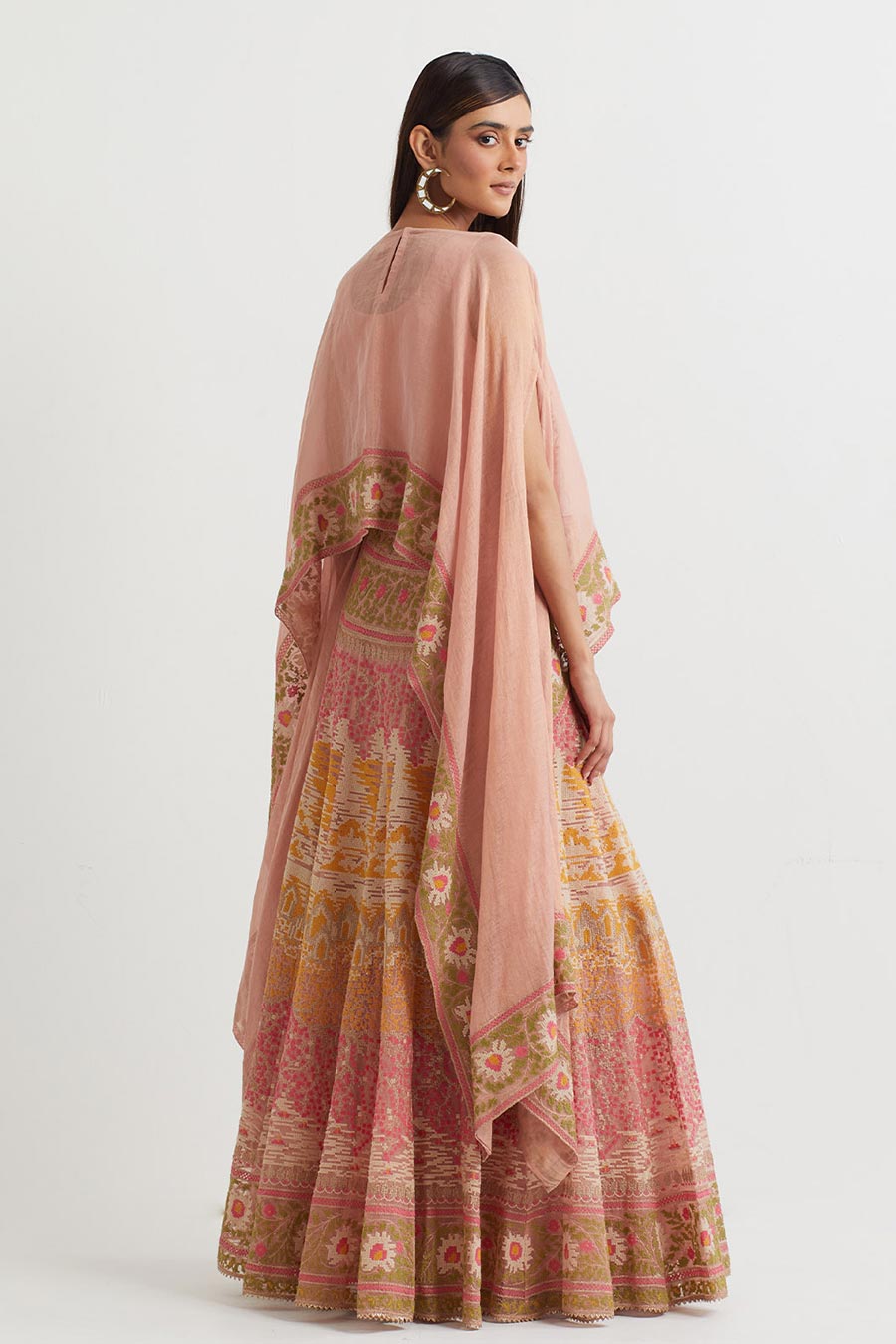 Peach Embroidered Cape & Cross Stitch Skirt Set