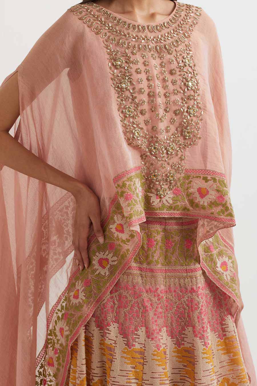 Peach Embroidered Cape & Cross Stitch Skirt Set