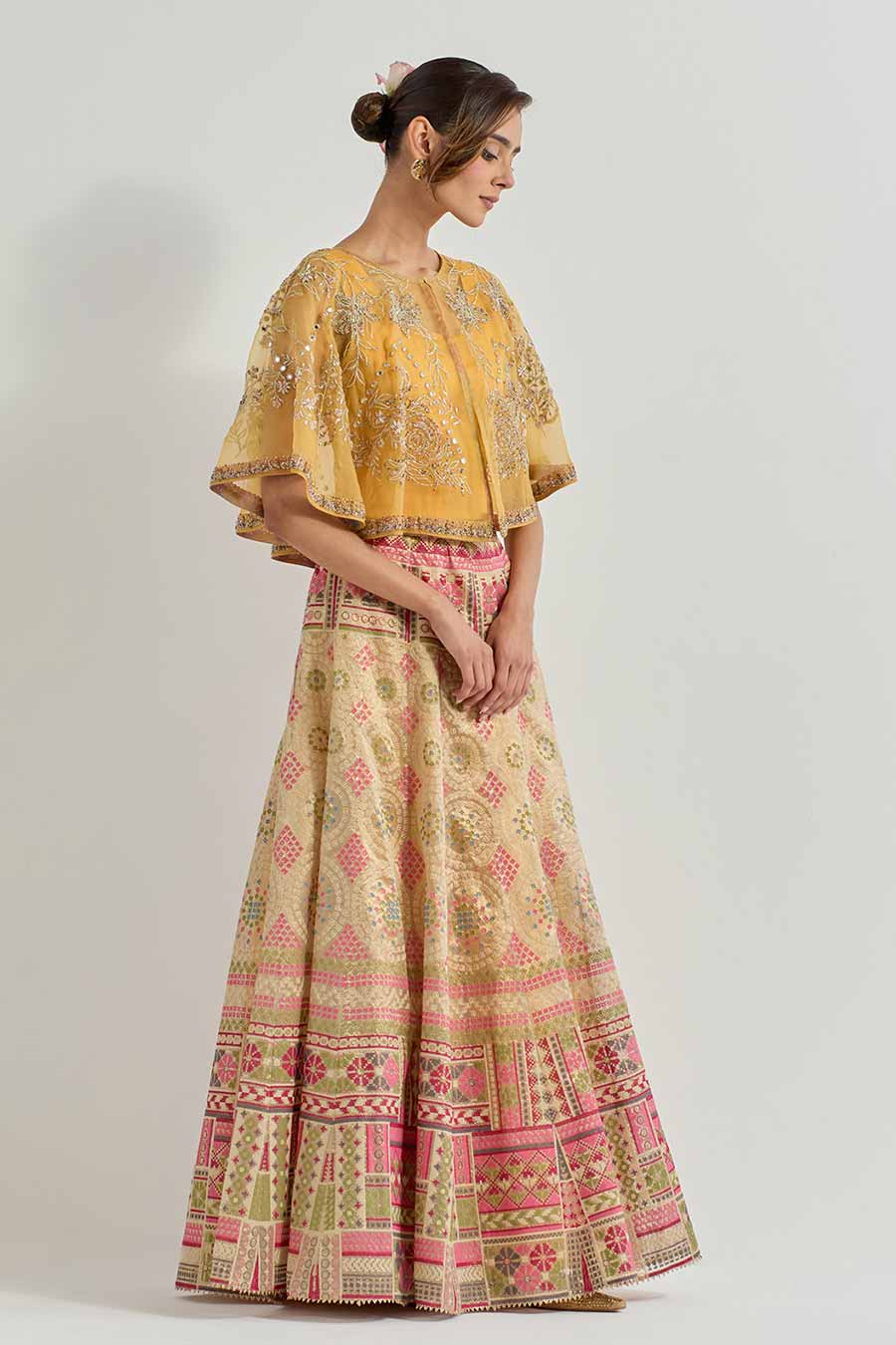 Raeth Yellow Embroidered Cape & Tissue Lehenga Set