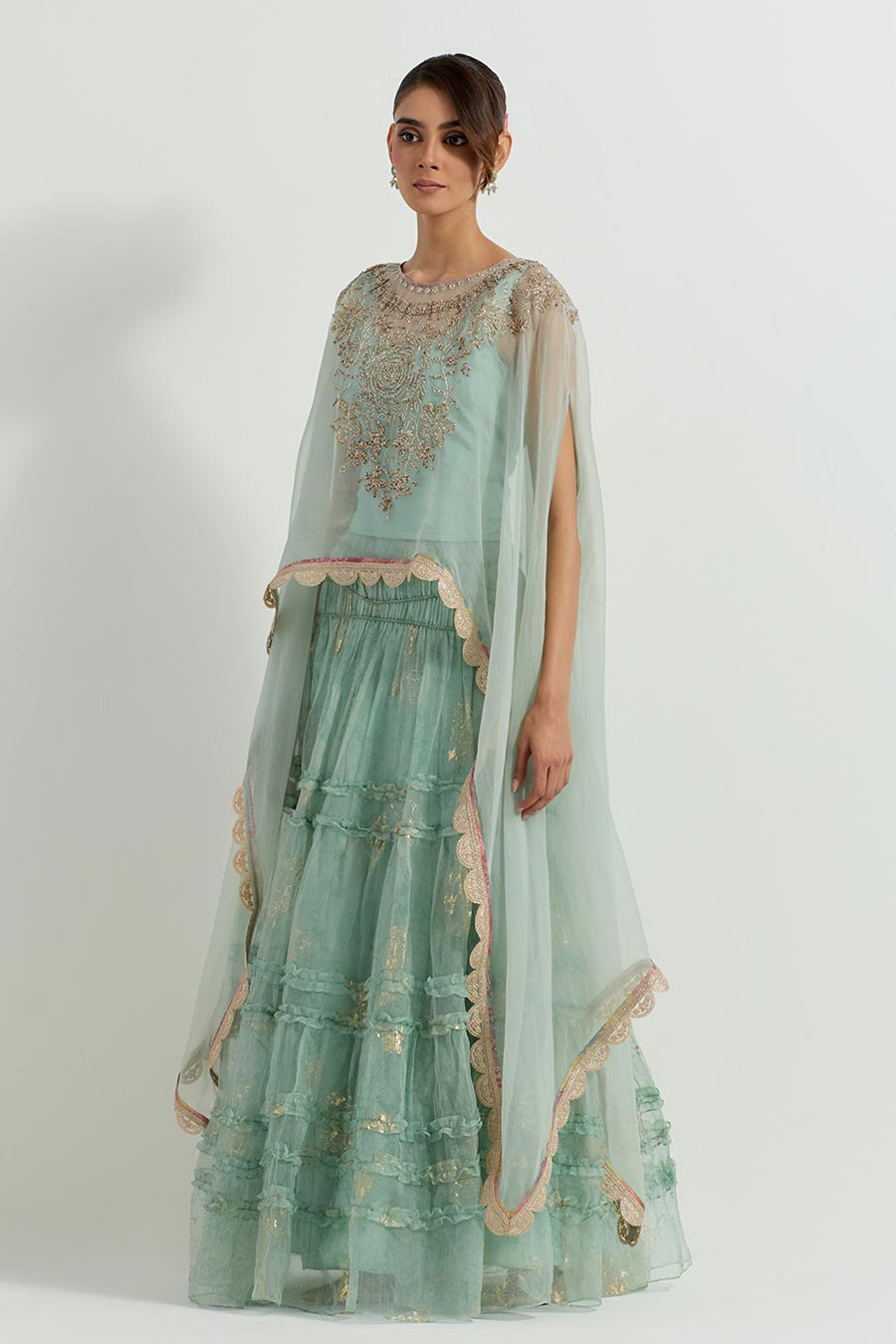 Raeth Sage Organza Embroidered Cape & Ruffle Lehenga Set