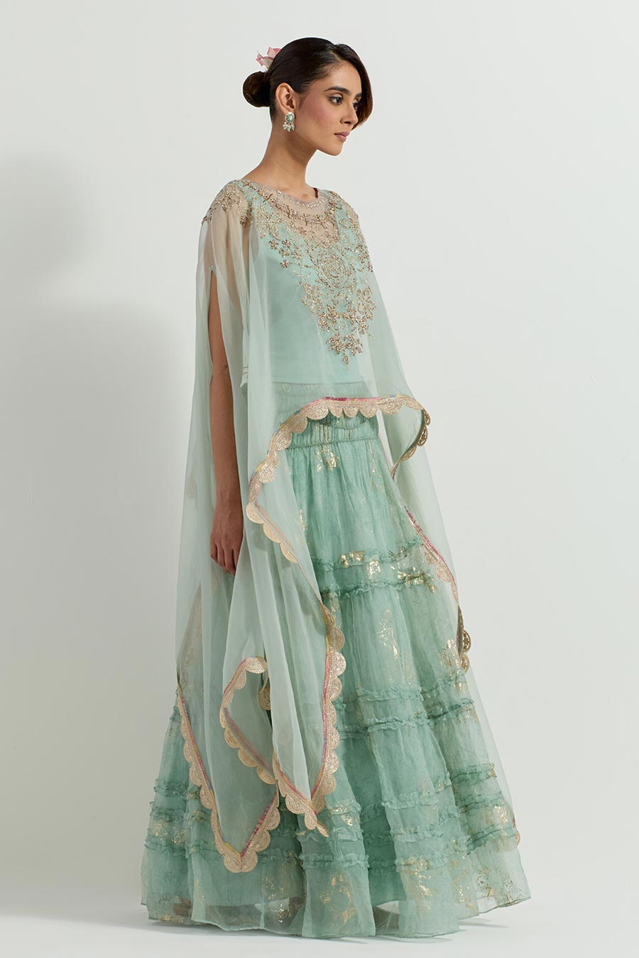 Raeth Sage Organza Embroidered Cape & Ruffle Lehenga Set