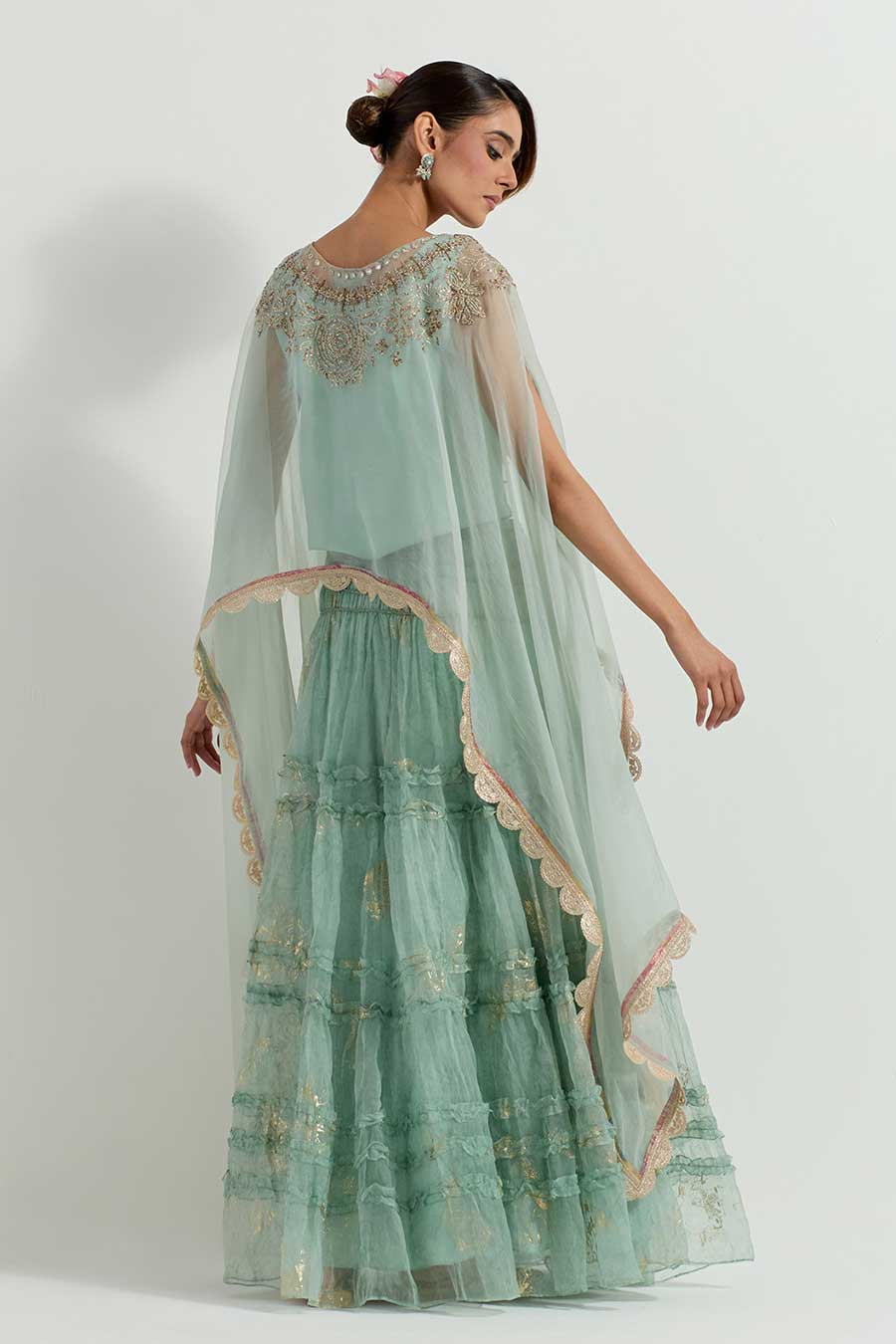 Raeth Sage Organza Embroidered Cape & Ruffle Lehenga Set