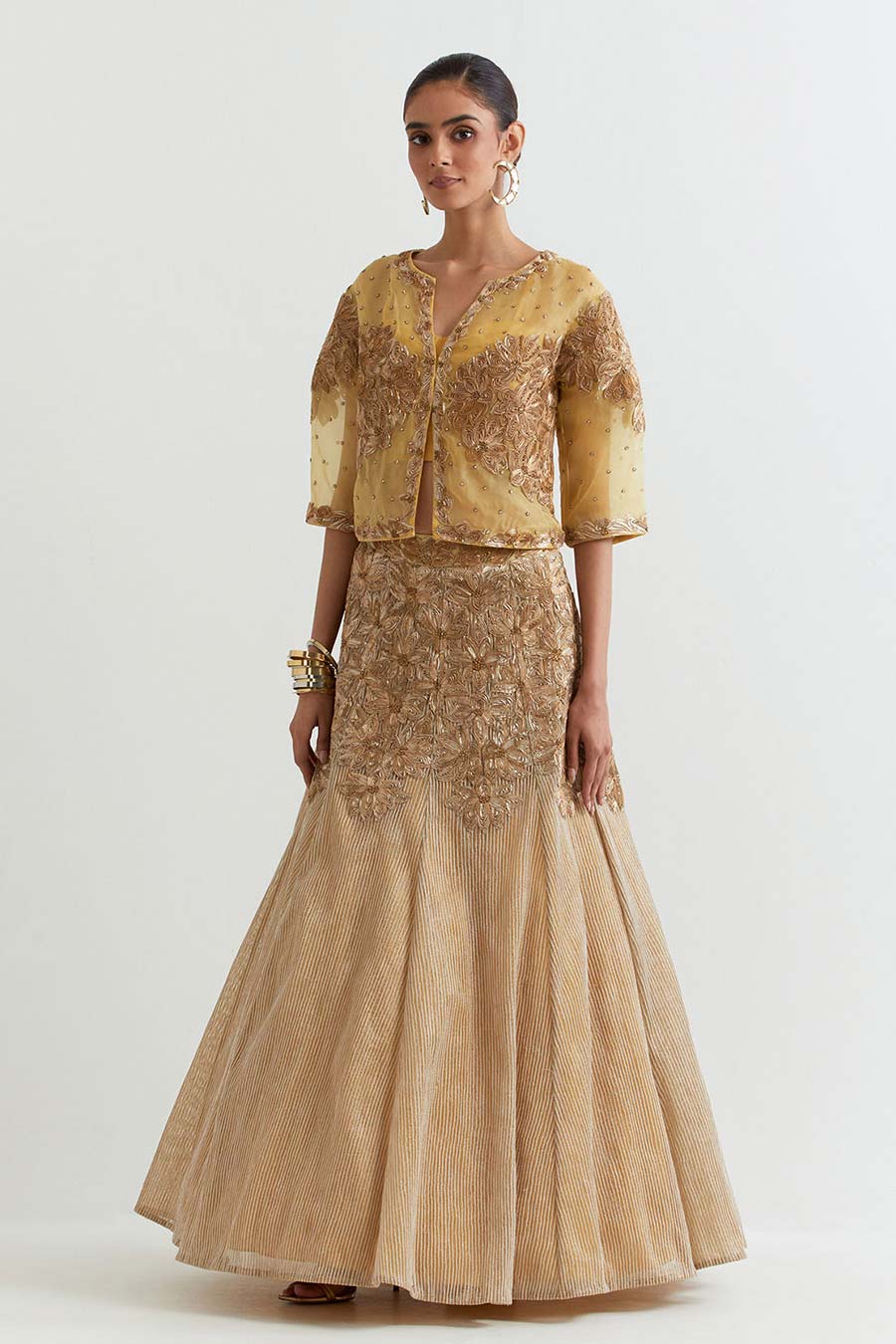 Gold Rosa Embroidered Jacket & Lehenga Skirt Set