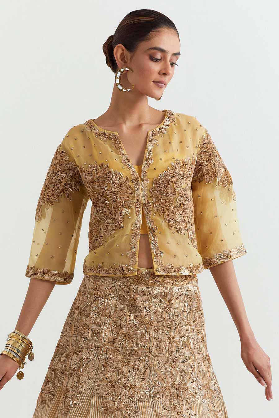 Gold Rosa Embroidered Jacket & Lehenga Skirt Set