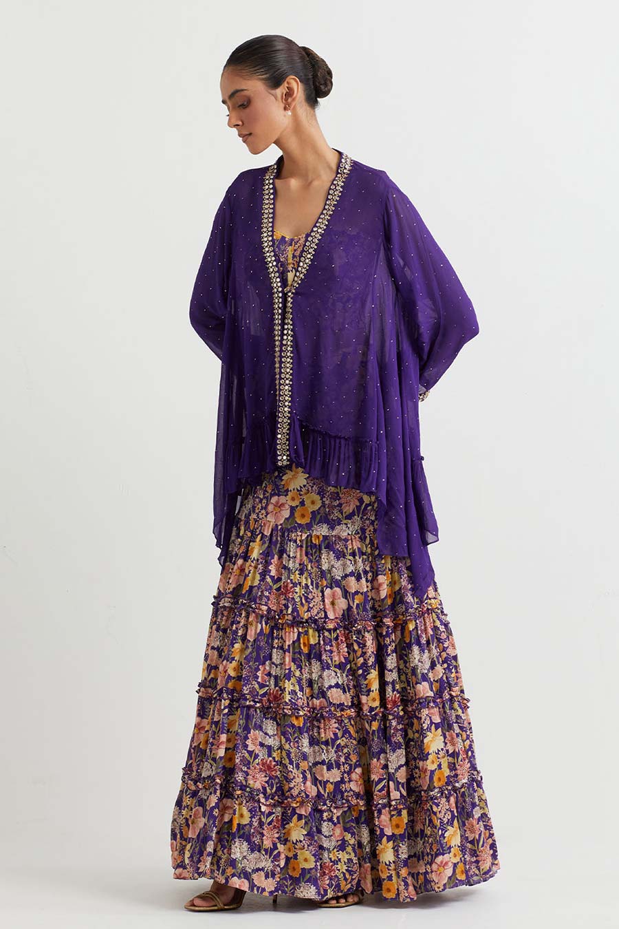 Purple Printed Co-Ord Set With Embroidered Jacket