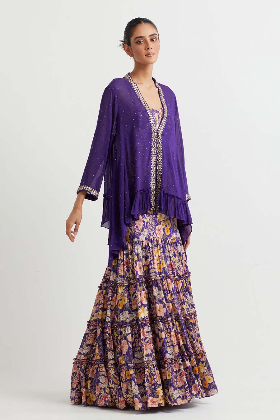Purple Printed Co-Ord Set With Embroidered Jacket
