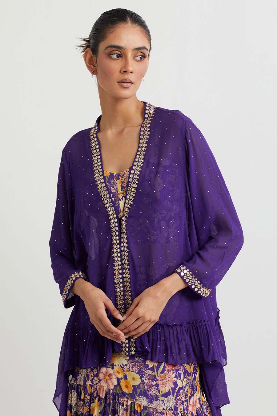 Purple Printed Co-Ord Set With Embroidered Jacket