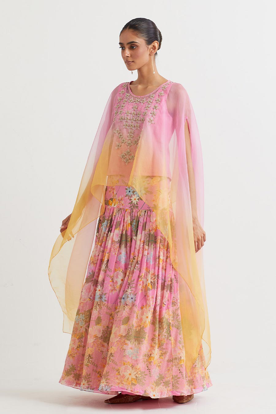 Pink Ombre Embroidered Cape & Printed Skirt Set