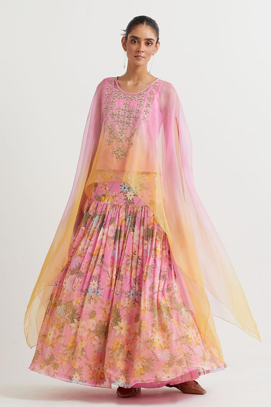 Pink Ombre Embroidered Cape & Printed Skirt Set