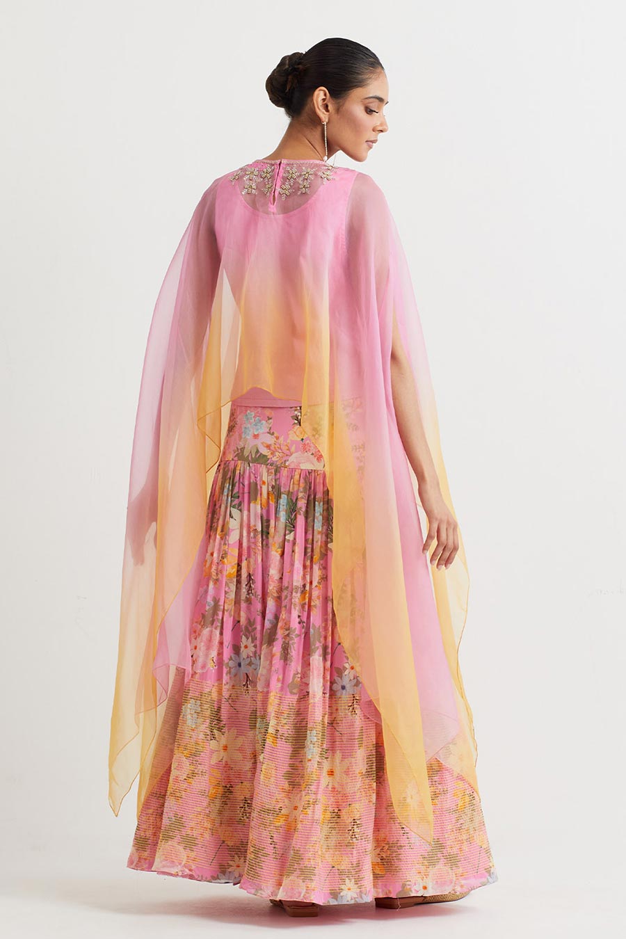 Pink Ombre Embroidered Cape & Printed Skirt Set