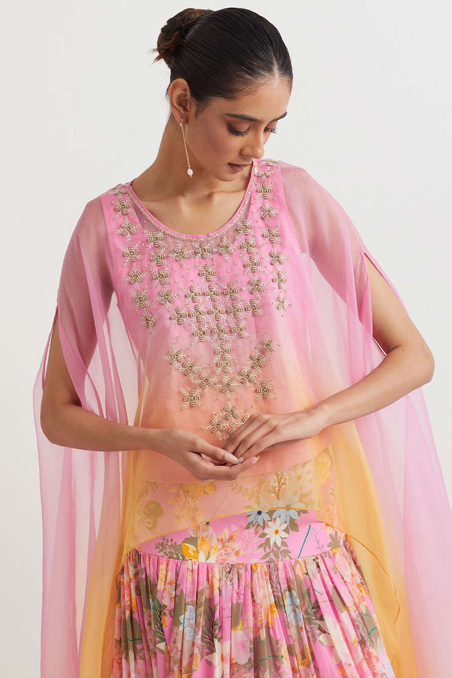 Pink Ombre Embroidered Cape & Printed Skirt Set