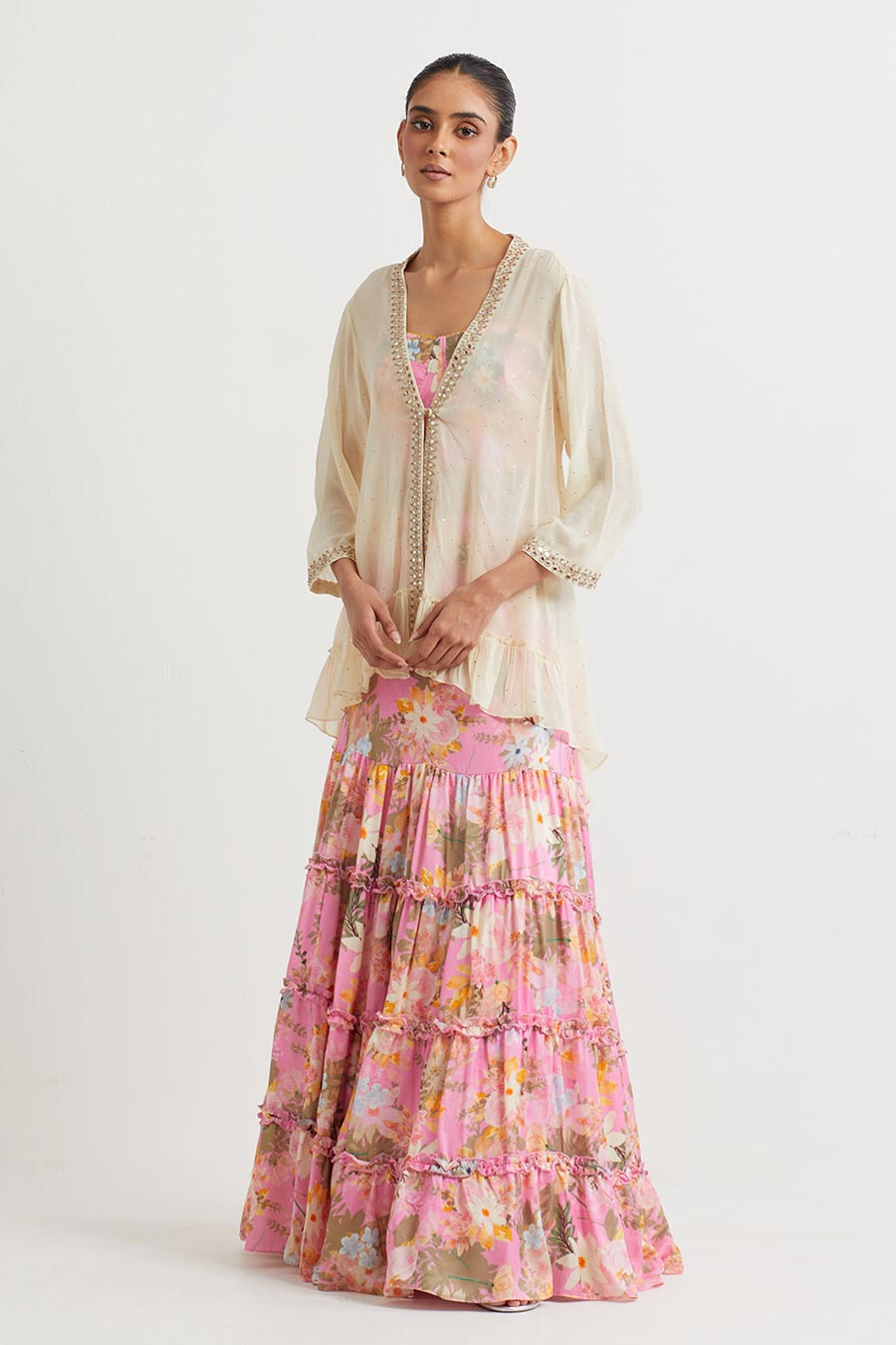 Pink Printed Co-Ord Set With Embroidered Jacket