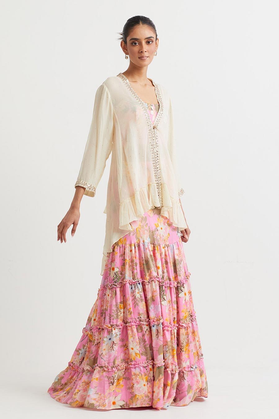 Pink Printed Co-Ord Set With Embroidered Jacket
