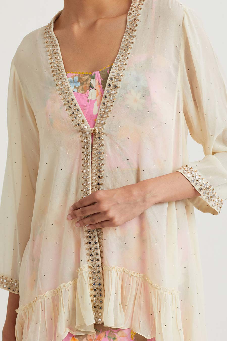 Pink Printed Co-Ord Set With Embroidered Jacket