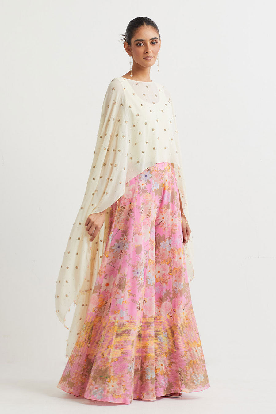 Ivory Embroidered Cape & Printed Sharara Set