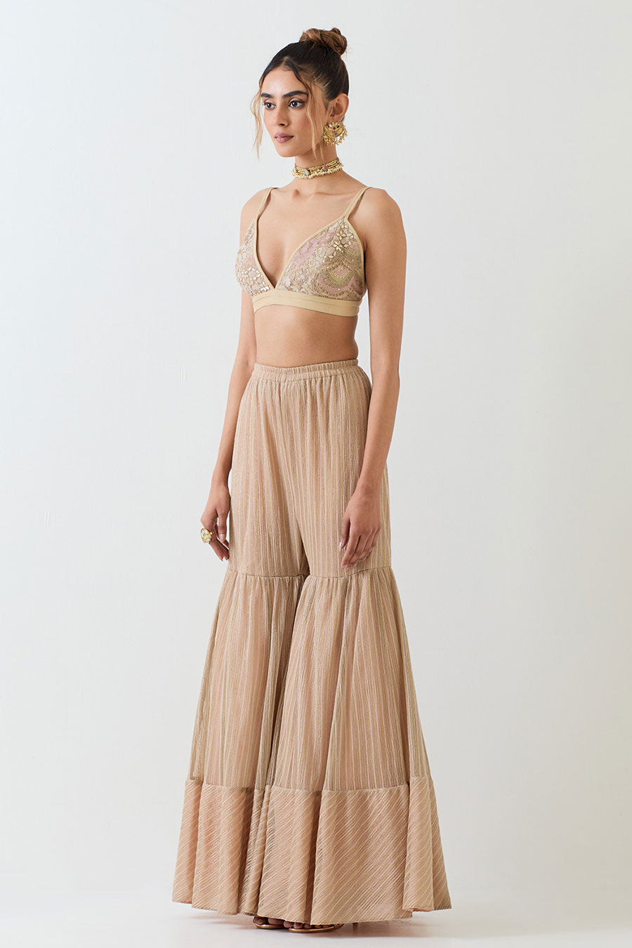 Beige Patchwork Embellished 3-Piece Sharara Set