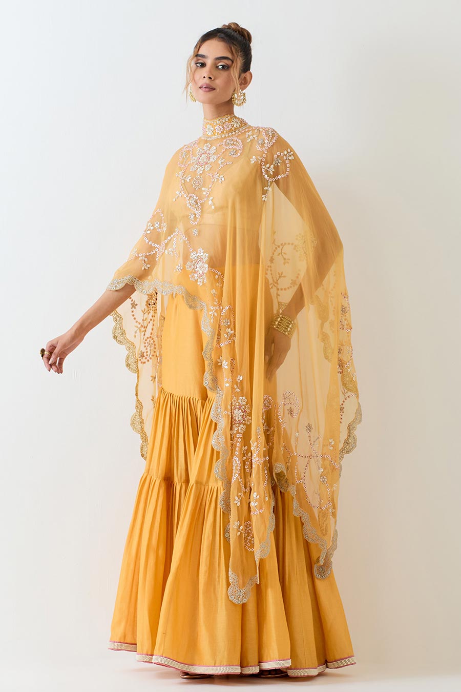 Yellow Embellished Cape & Pleated Sharara Set