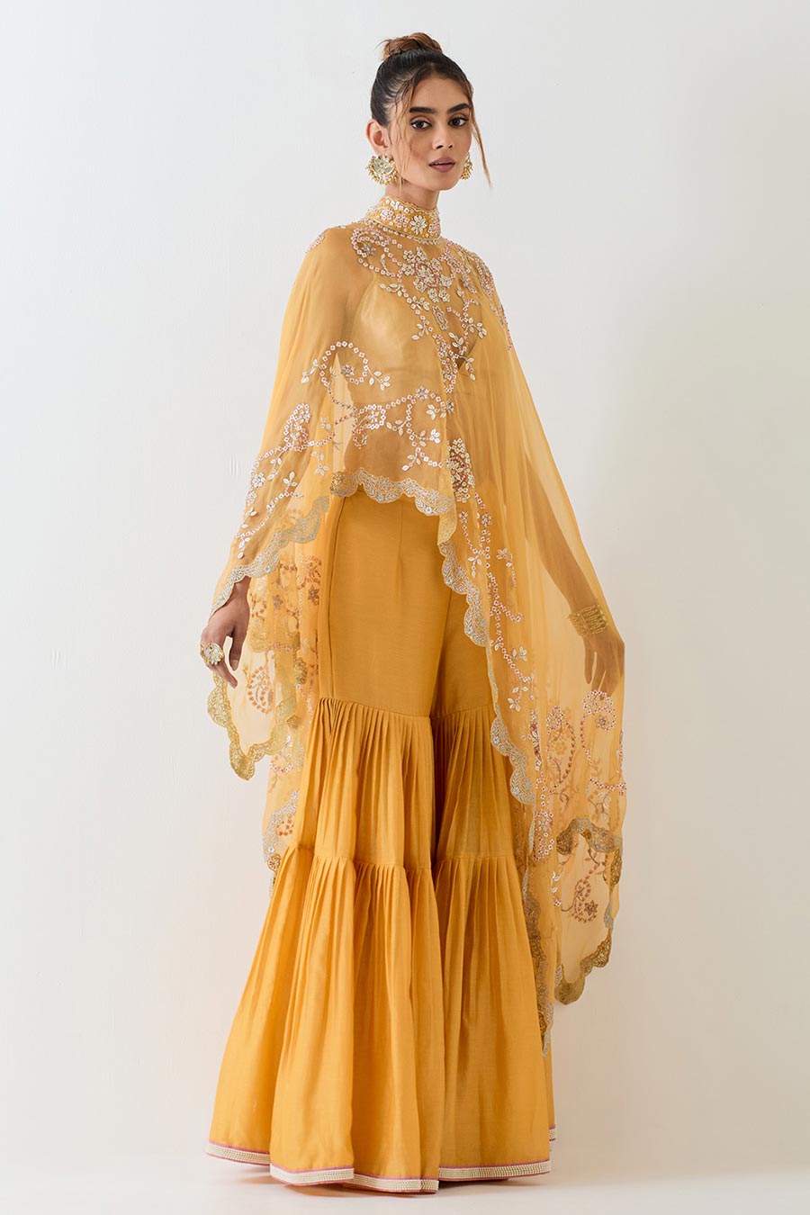 Yellow Embellished Cape & Pleated Sharara Set